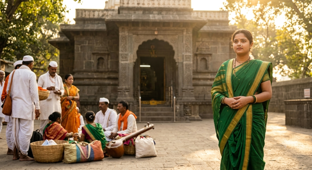 Keep the uploaded photo's facial identity fully intact — same face, skin tone, and features, unaltered. Depict this person standing respectfully outside the Tukaram Maharaj temple in Dehu just before departure, traditional attire, calm anticipatory expression.