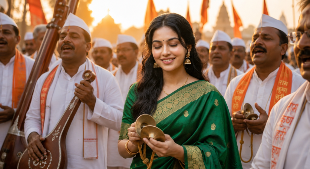 Use the uploaded photo as the only facial reference. Preserve exact facial features, skin tone, and natural identity — no beautification or reshaping. Show this person singing abhangs with eyes closed, holding taal (cymbals), standing amid a group of Warkaris, golden-hour light, emotional devotional expression.