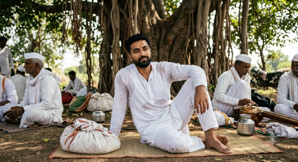 Use the uploaded photo as the only facial reference. Preserve exact facial features, skin tone, and natural identity — no beautification or reshaping. Show this person resting under a large banyan tree with fellow Warkaris, simple bedding and bundles scattered nearby, dappled afternoon light, relaxed candid expression.